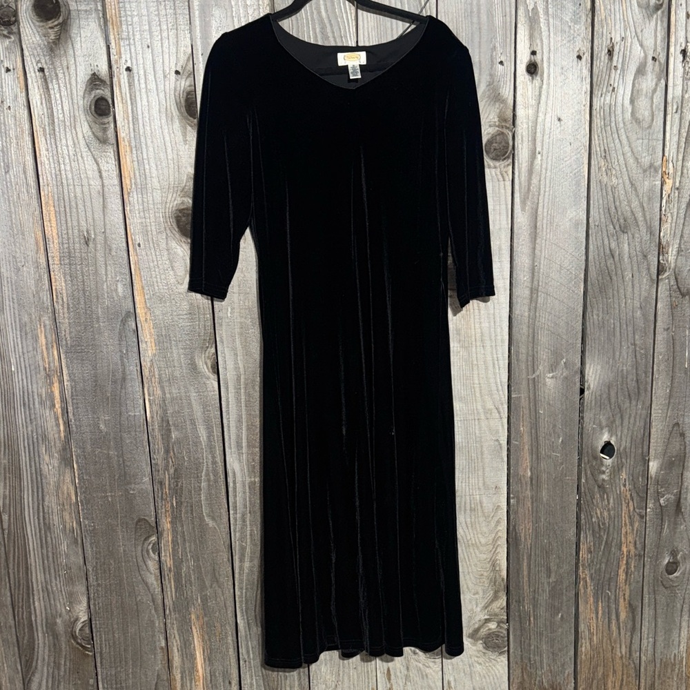 Talbots Petites Velvet V- Neck 3/4 Sleeve Shift Dress Black Size Medium
